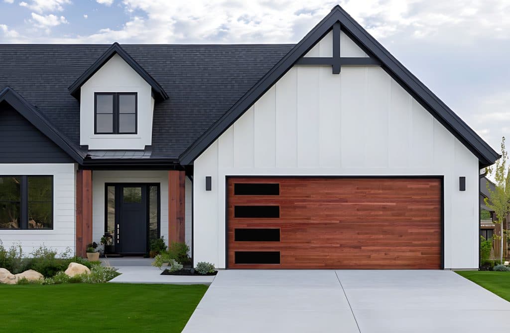 Plank wood grain garage door in Cedar with long vertical windows