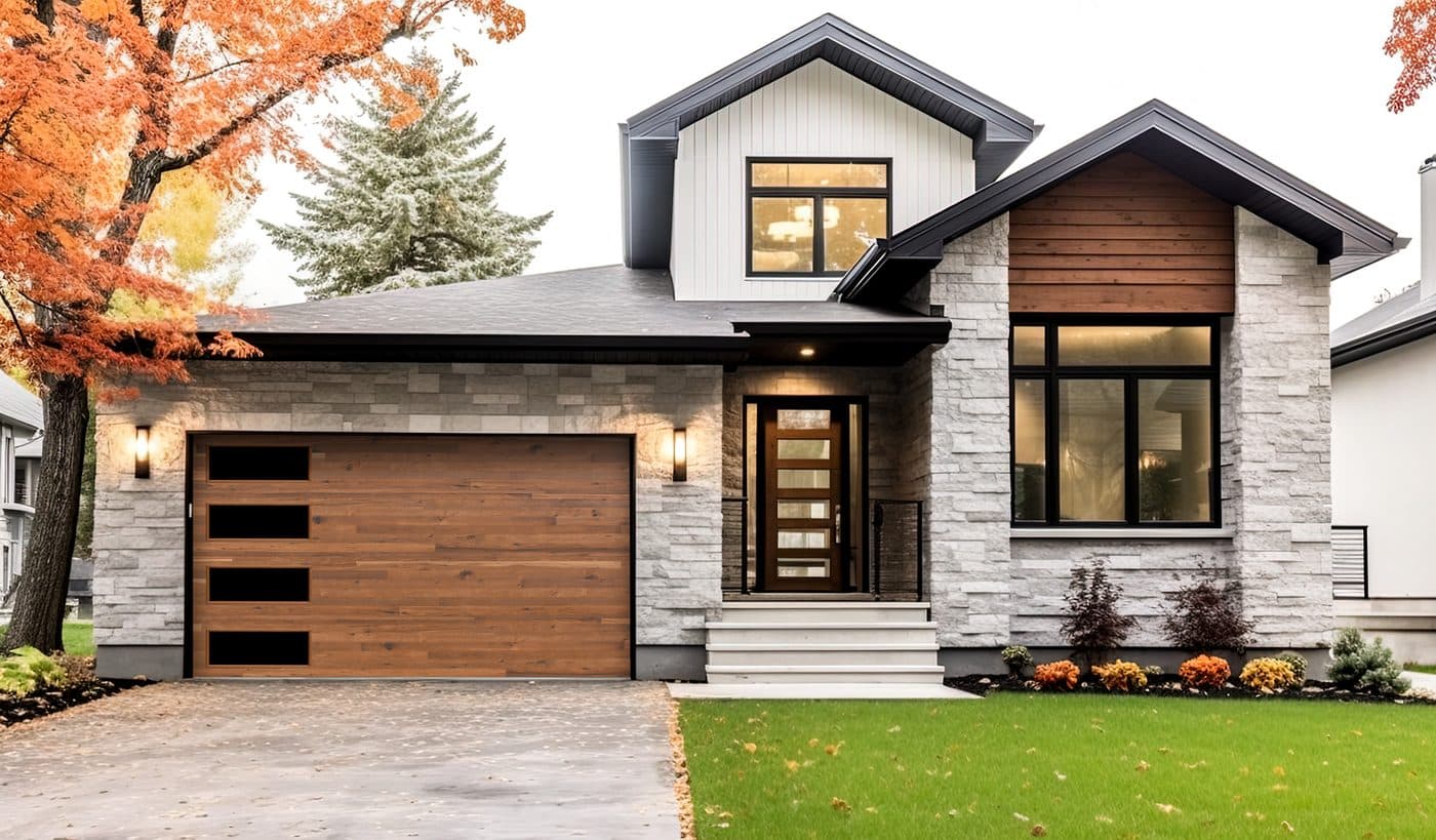 Plank wood grain garage doors in Vintage on a modern white home with black trim
